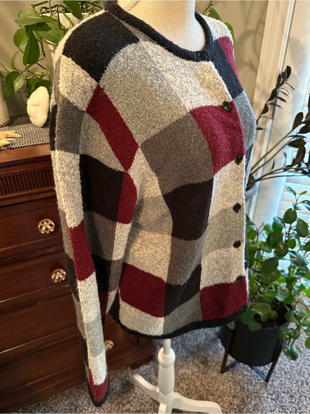 Button-Front Women's Sweater - Gray & Burgundy